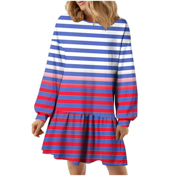 SMihono Deals Womens Long Sleeve Spring Dresses 2025 Striped Crewneck Casual Dress Loose Fit Shift Dress Ruffle Hem Short Dress Hot Pink 10