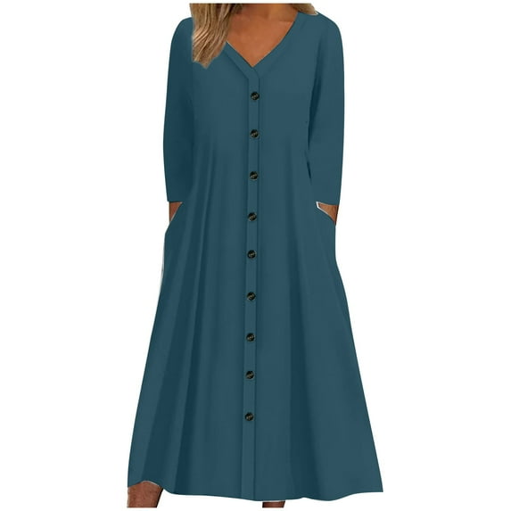 SMihono Fashion Womens Plus Size Cotton Linen Spring Dress Casual V-Neck Solid Long Sleeve Button Down Pocket T-Shirt Dress Blue 12