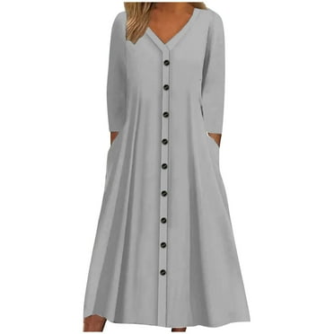 SMihono Fashion Womens Plus Size Cotton Linen Spring Dress Casual V-Neck Solid Long Sleeve Button Down Pocket T-Shirt Dress Gray 6