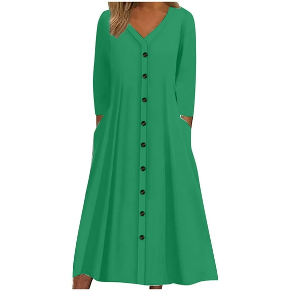 SMihono Fashion Womens Plus Size Cotton Linen Spring Dress Casual V-Neck Solid Long Sleeve Button Down Pocket T-Shirt Dress Green 12