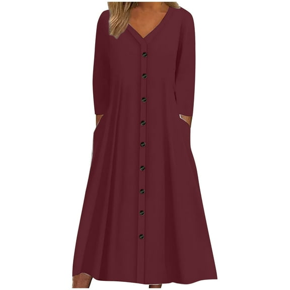 SMihono Fashion Womens Plus Size Cotton Linen Spring Dress Casual V-Neck Solid Long Sleeve Button Down Pocket T-Shirt Dress Wine 8