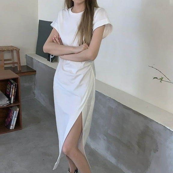 SMihono Fashion Womens Sexy Elegant Slanted Collar Short Sleeve Solid Color High Split Irregular Dress Summer Tunic Midi Dresses White S