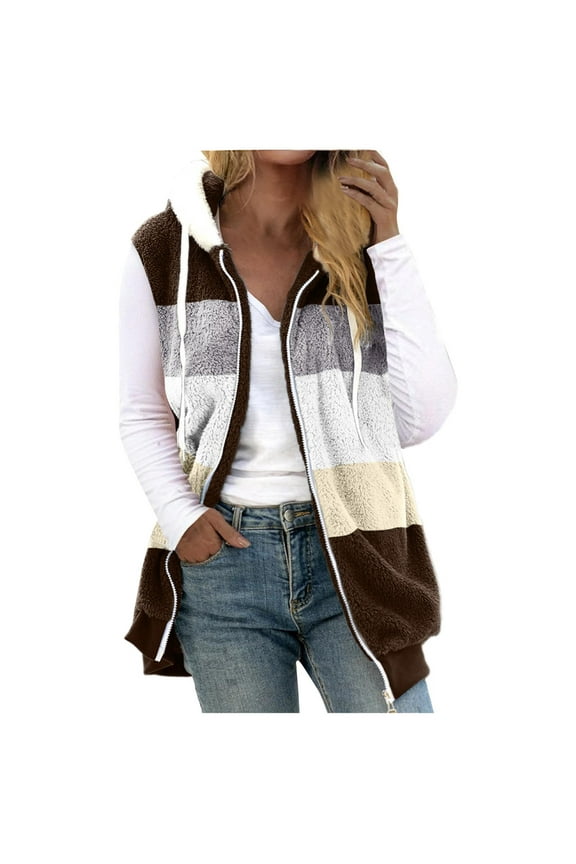 Fashion Womens Sleeveless Hooded Casual Outwear Jackets Womens Fall Winter Coat Zip Up Warm Jackets Outerwear With Pockets Coffee 4