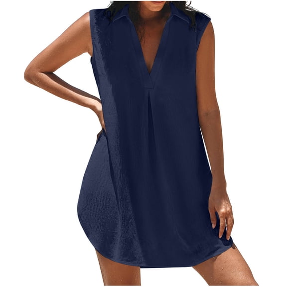 SMihono Fashion Womens Sleeveless Swimsuit Coverup V Neck Bathing Suit Cover Ups Summer Swimwear Bikini Beach Cover Up Dress Navy XXL