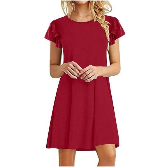 SMihono Deals Womens Slip Dress A-line Dress Crew Neck Boho Dresses Knee-Length Pleating Mini Cute Pocket Holiday Vacation Beach Short Sleeve Solid Prom Party Dress Trendy 2024 Red XXL