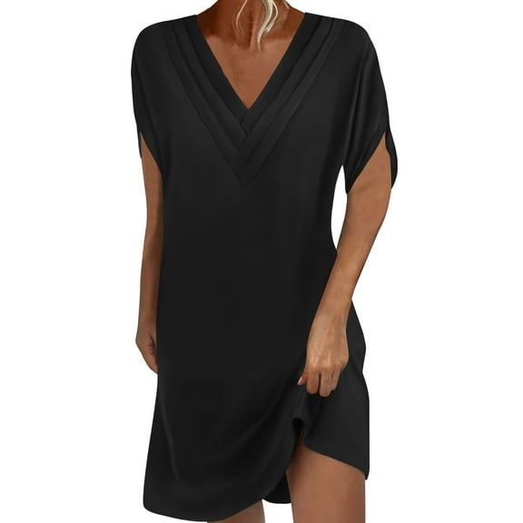 SMihono Fashion Womens Solid V Neck Mini Dress Casual Loose Batwing Short Sleeve Ruched Summer Elegant Flowy Short Beach Dress Black XXL
