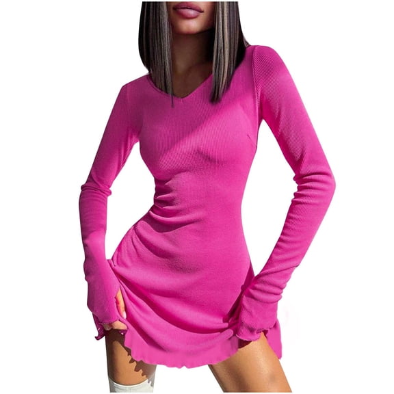 SMihono Fashion Womens Spring Long Sleeve Bodycon Dress Ribbed Knit Slim Pullover Stylsih Mini Sweater Dresses Going Out Clothes Hot Pink 4