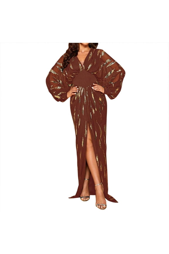 Fashion Womens Stylsih Evening Party Dresses Long Sleeve V Neck Mermaid Ball Gowns Cocktail Dresses Prom Maxi Dress Formal Dress Brown 8