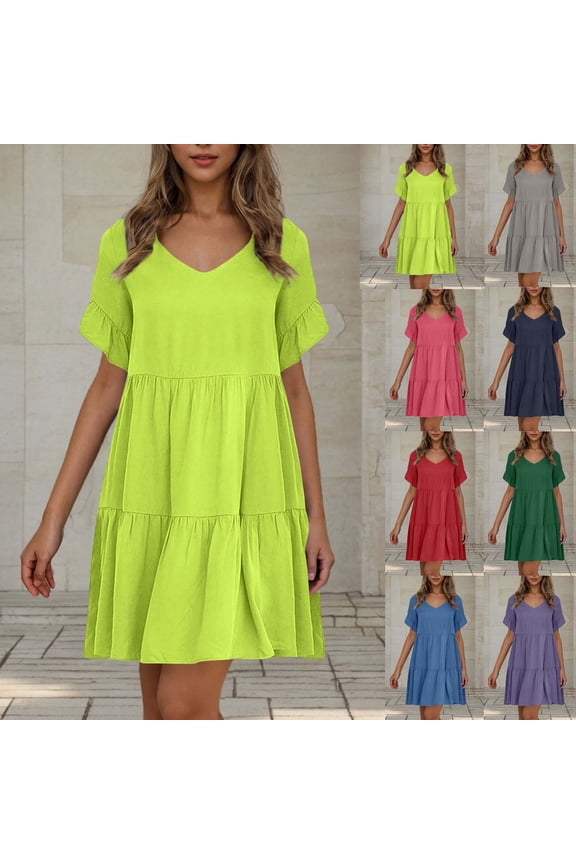 Fashion Womens Summer Casual Dresses Sweet Cute V Neck Mini Dress with Pockets Ruffle Short Sleeve Tiered Swing Pleated Dress Blue S