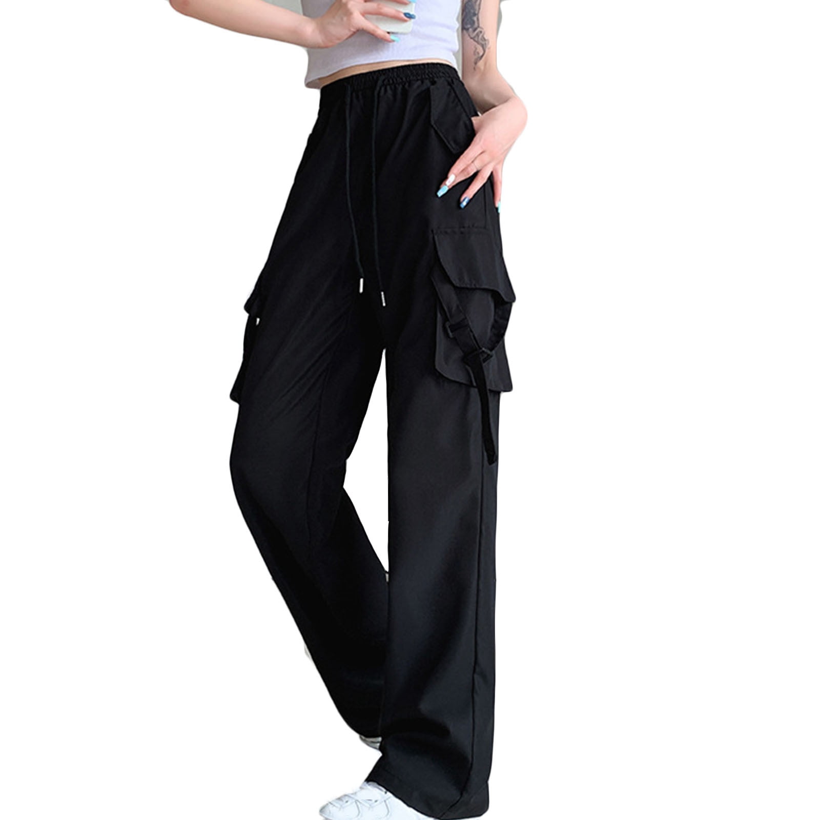 SMihono Deals Young Womens Plus Size Full Length Cargo Pants Women's  Spring/Summer Color Casual Workwear Pocket Pants Black 4 