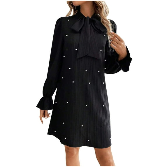 SMihono Decor Flare Mini Dress Bow Tie Front Dress Women's Plus Size Pearl Beaded Tie Neck Long Sleeve Casual Work Short Dress Black XL