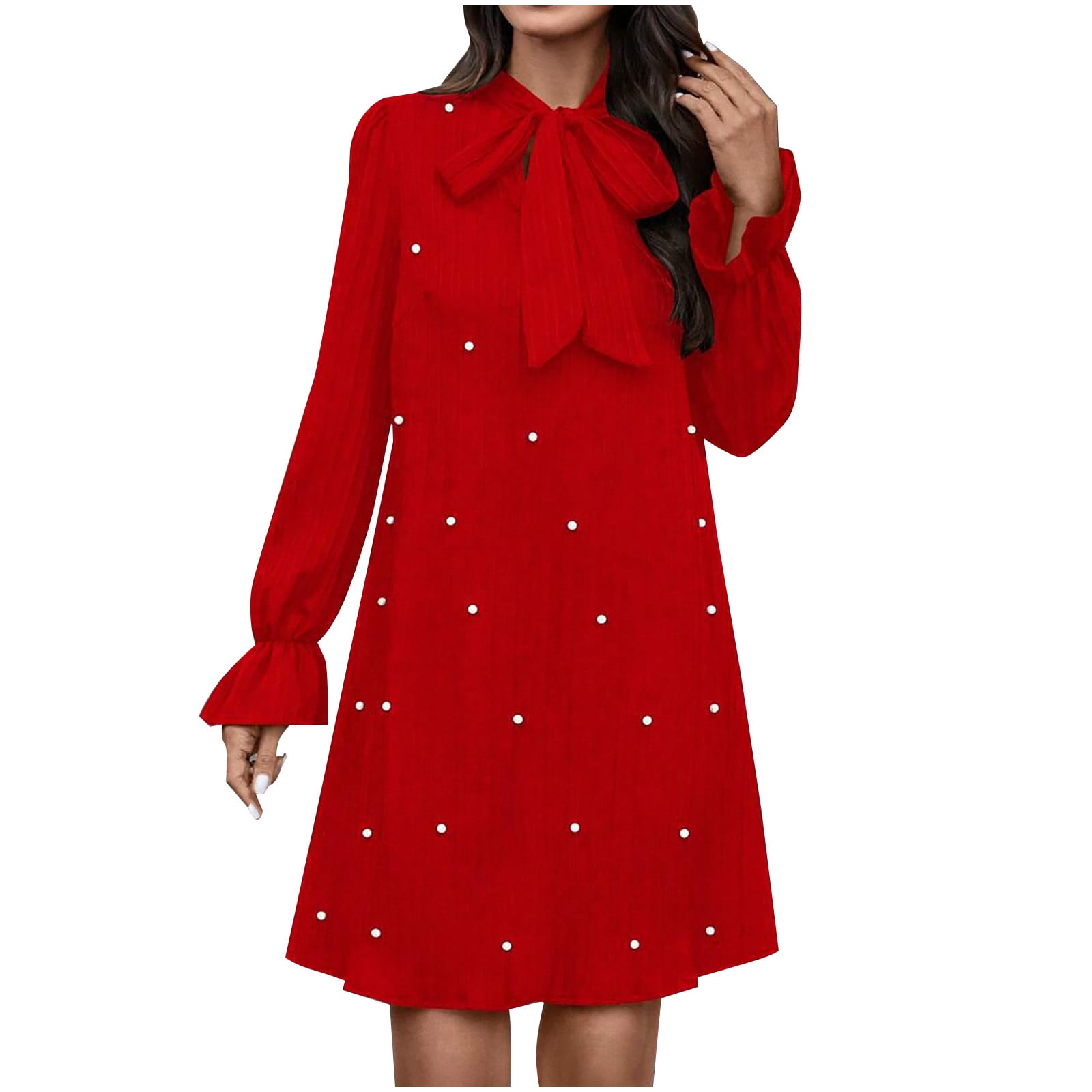 green emerald velvet dress Tie Neck Flare Sleeve Mini Dress Hot Pink / L main image 1