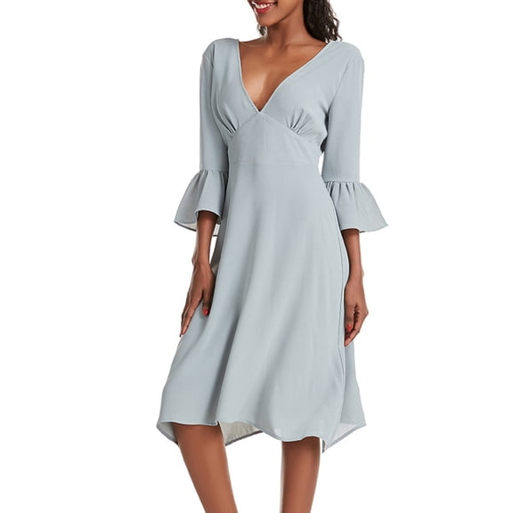 SMihono Deep V-Neck Midi Dress 3/4 Sleeve A-Line Flowy Fabric Elegant Open Back Ideal for Cocktail Parties Dinner Dates Office Casual Day to Evening Wear Dark Gray XL