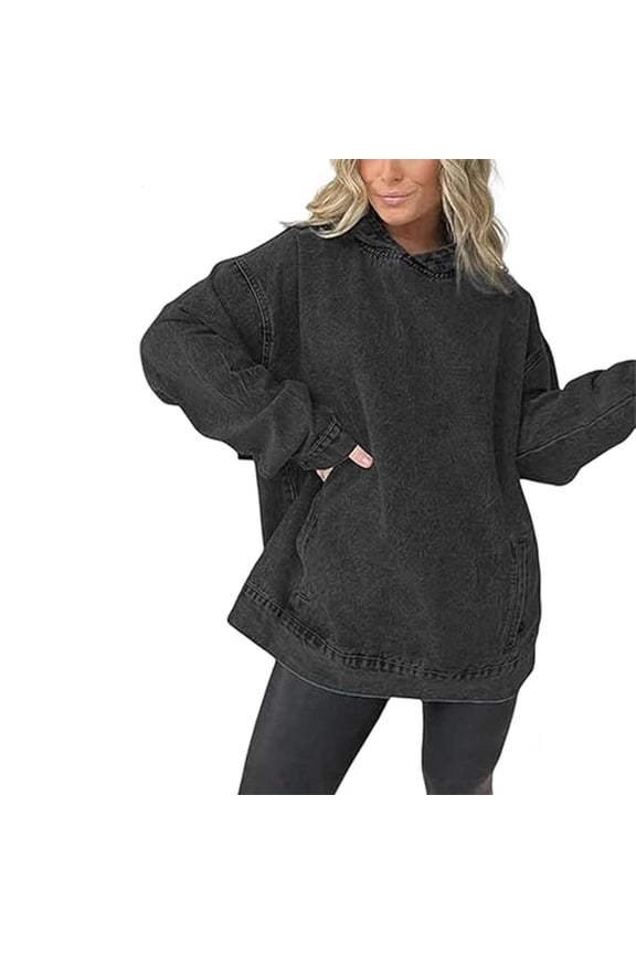 Denim Hooded Sweatshirt with Front Pockets for Women, Casual Jean Jacket Hoodie, Pullover Hooded Denim for Daily Wear Black S