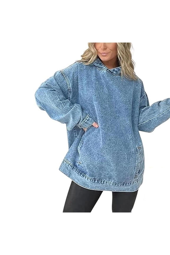 Denim Hooded Sweatshirt with Front Pockets for Women, Casual Jean Jacket Hoodie, Pullover Hooded Denim for Daily Wear Light Blue S