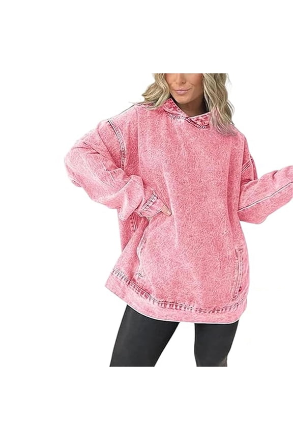 Denim Hooded Sweatshirt with Front Pockets for Women, Casual Jean Jacket Hoodie, Pullover Hooded Denim for Daily Wear Pink S