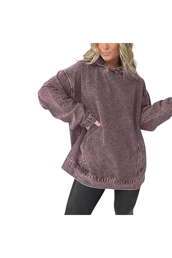 Denim Hooded Sweatshirt with Front Pockets for Women, Casual Jean Jacket Hoodie, Pullover Hooded Denim for Daily Wear Purple S