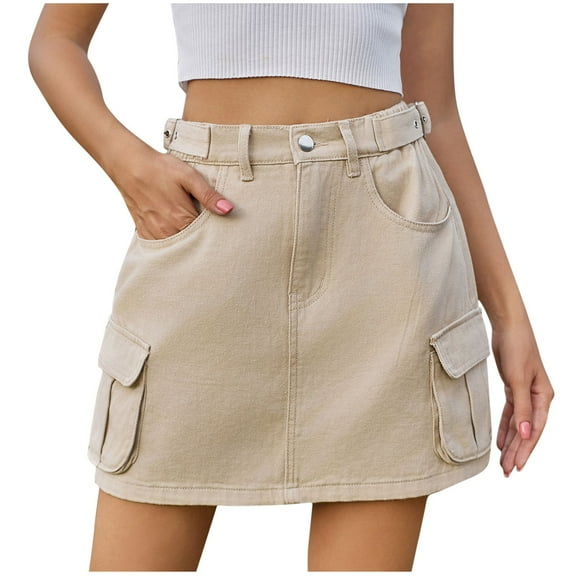 SMihono Denim Skirts for Women Mini Cargo Skirt Button High Rise Jean Skirts A Line Pencil Skirt Loose Skirt with Pockets Khaki 12