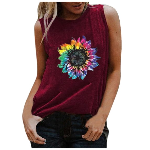 SMihono Discount Fashion Ladies Blouse Shirts Crew Neck Loose Fit Casual Girls Tunic Tank Tops for Women Sleeveless Comfy Tie Dye Sunflower Print Summer Trendy Female Leisure Red XL