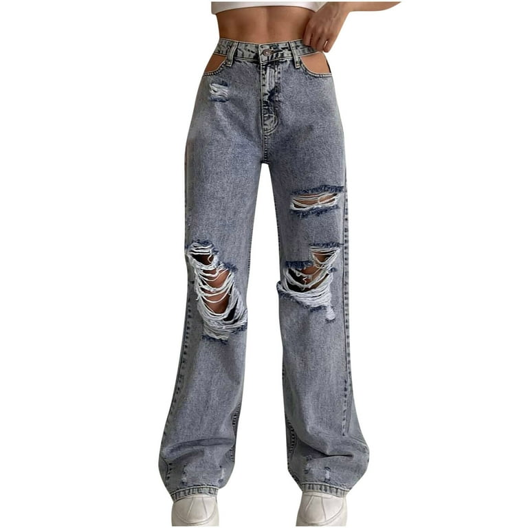 SMihono Discount Ripped Straight-Leg Denim Pants Button Elastic