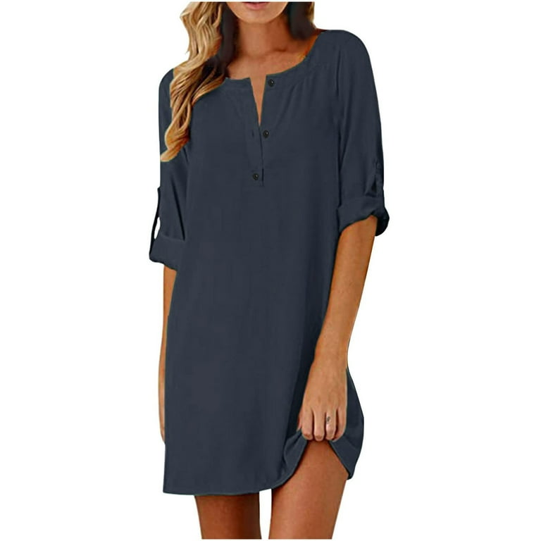 Casual Solid Buttons O Neck Short Sleeve Dress(4 Colors) Casual Solid Buttons O Neck Short Sleeve Dress(4 Colors)