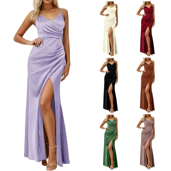 SMihono Dress for Women 2025 Elegant Satin Prom Maxi Dresses with Slit Long Ruched Mermaid Bridesmaid Dresses Red M