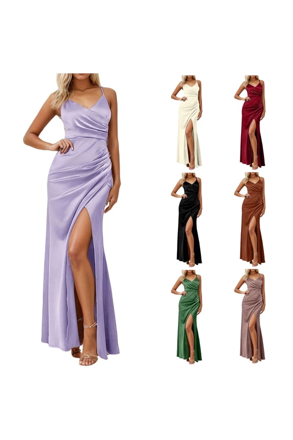 Dress for Women 2025 Elegant Satin Prom Maxi Dresses with Slit Long Ruched Mermaid Bridesmaid Dresses Red M