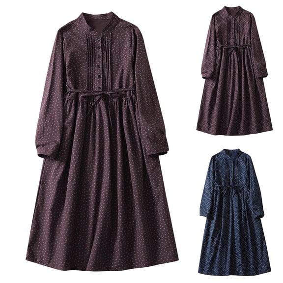 SMihono Dresses for Women 2025 Vintage Long Sleeve Cotton Linen Sun Dress Tie Waist Button Down Midi Swing A-Line Dress Coffee L