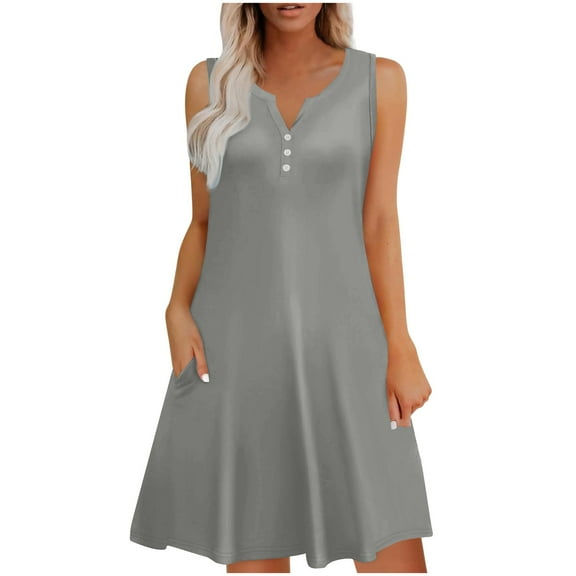 SMihono Dresses for Women Casual Summer Boho Beach Dress Loose V Neck Sleeveless Sundresses Swimsuit Coverup with Pockets Gray M