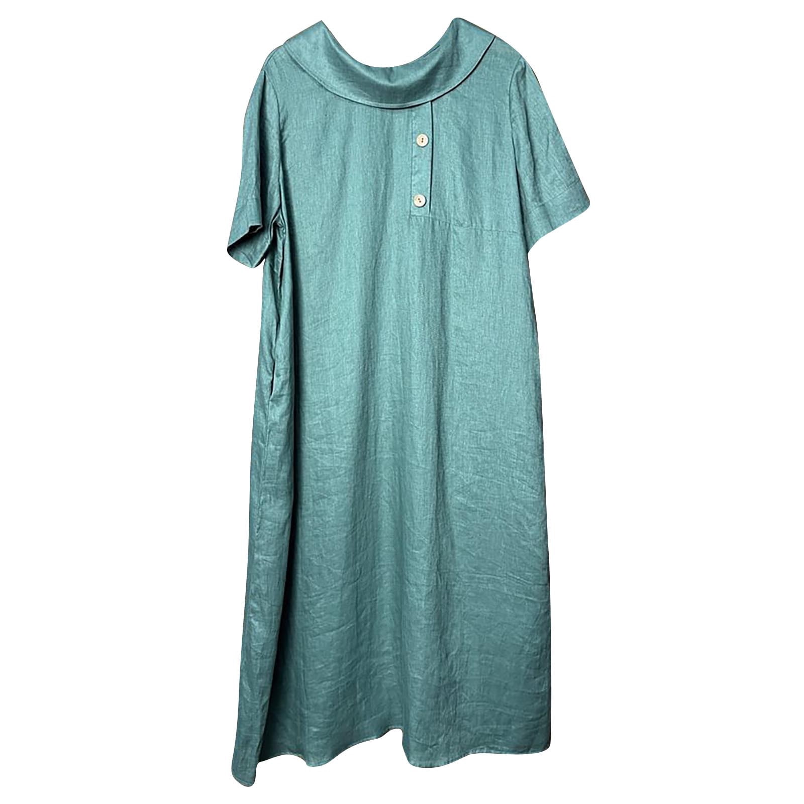 SMihono Elegant Cotton Linen Shift Dress Crew Neck Short Sleeve Buttons ...