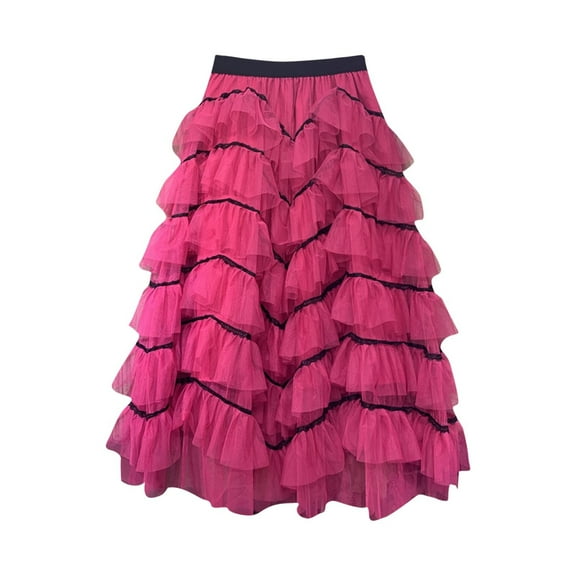 SMihono Elegant Layered Ruffle Tulle Skirts for Women High Waist Long Stylish Skirt High Elastic Waist A-Line Mesh Tutu Skirt Hot Pink 4-8