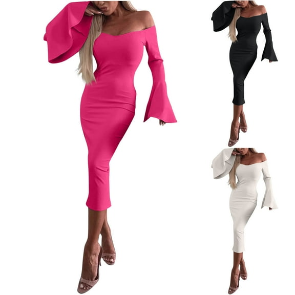SMihono Elegant Off The Shoulder Bodycon Dress for Women Summer 2025 Bell Sleeve Semi Formal Wedding Guest Cocktail Dresses Black L