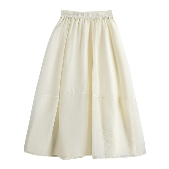 SMihono Elegant Tulle Skirt, Women's Spring & Summer High Waist A-Line, Mid-Length Slim Mesh Party Flowy Elegant Pleated Solid Double Layer Flare Skirt Beige 4-8