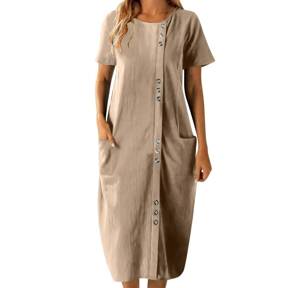 SMihono Ethnic Style Dress for Women Casual Round Neck Short Sleeve Baggy Midi Dress Loose Comfy Vacation Beach Summer Outfit Khaki M