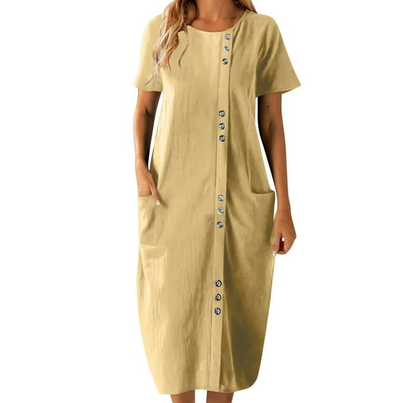 SMihono Ethnic Style Dress for Women Casual Round Neck Short Sleeve Baggy Midi Dress Loose Comfy Vacation Beach Summer Outfit Yellow S