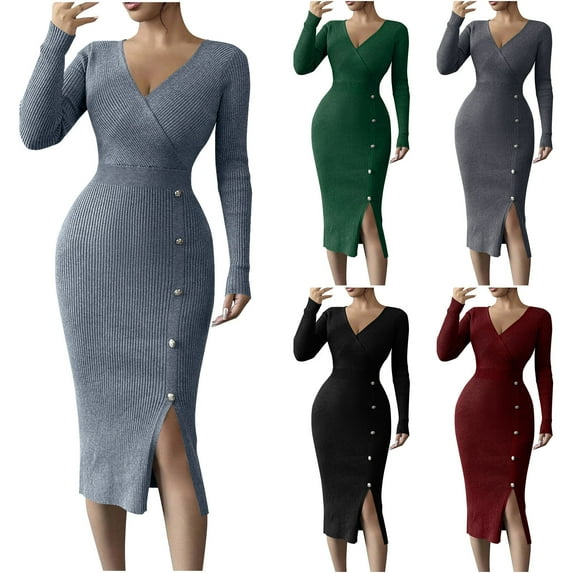 SMihono Fall Dresses for Women 2025 Long Sleeve Casual V Neck Knit Sweater Slim Fit Side Slit Button Bodycon Midi Dresses Black L
