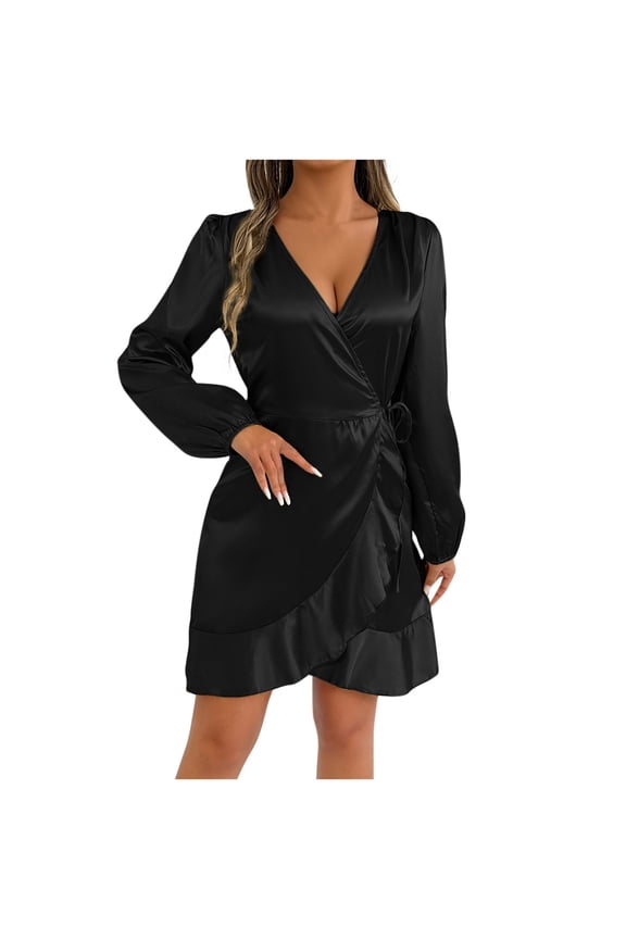 Fall Lantern Sleeve Ruffle Trim Wrap Knot Side Satin Midi Dress for Women,Casual Summer Dresses for Women 2025 Black S