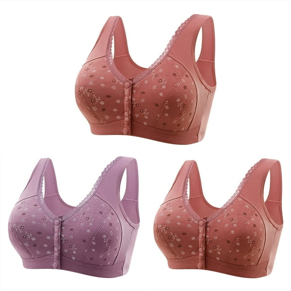 SMihono Fashion 3 Pack Daisy Bras for Older Women - Front Button, Convenient Snap, Everyday Sleep Bras Front Buckle for Middle-Aged And Elderly Underwear Soft Purple XXXL