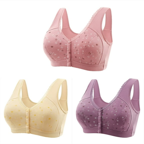 SMihono Fashion 3 Pc Daisy Bras for Older Women 2025 Push Up No Underwire Full Coverage Convenient Front Closure Everyday Bras Purple XXXXXXL
