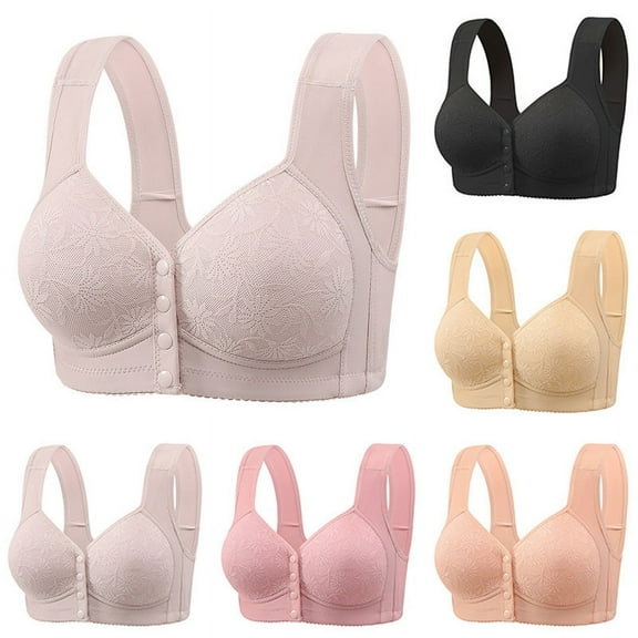 SMihono Fashion Daisy Bras for Older Women,2025 Front Close Button Cotton Bras Breathable Full Support Wide Back No Underwire Bra Beige 36