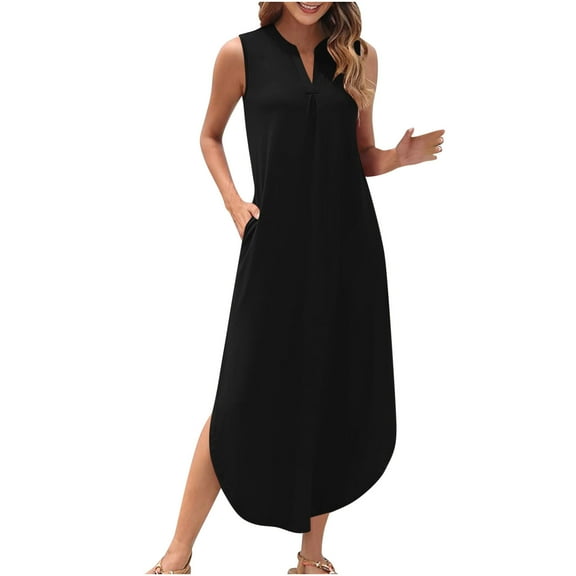 SMihono Fashion Summer Sundress for Women 2025 Maxi Casual Loose Beach Dress V Neck Sleeveless Flowy Hem Dresses with Pockets Black L