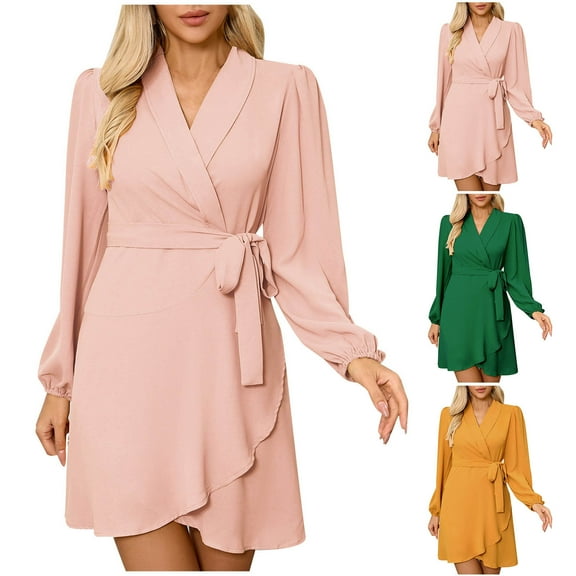 SMihono Fashion Women's Spring Winter Dress Solid Color Elegant Temperament Dress Long Sleeve Evening Dresses Lapel Hem Wrap Dress Green XXL
