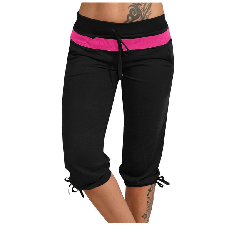 SMihono Fashion Women's Summer High Waisted Solid Color Matching Slim  Fitting Yoga Gym Pants Capris for Women 2023 Trendy Girls Love Black 14