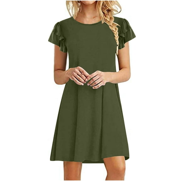 SMihono Fashion Womens Slip Dress A-line Dress Crew Neck Boho Dresses Knee-Length Pleating Mini Cute Pocket Holiday Vacation Beach Short Sleeve Solid Prom Party Dress Trendy 2024 Army Green XL