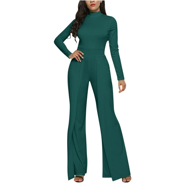SMihono Fashion for way less Women s Elegant Solid Color Long Sleeve High Waist Split Bell Bottom Jumpsuit Evening Party Romper Green 10 Walmart