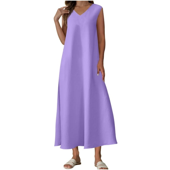 SMihono Flowy Dresses for Women Casual Loose Sleeveless V-Neck Side Split Dress Wrinkle-Free Swing A Line Maxi Sundress Purple XXL