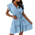 thumbnail image 1 of SMihono Flowy Summer Dress for Women V Neck Ruffle Sleeve Belted Waist Tiered Vacation Casual Swing Mini Dresses Blue M, 1 of 5