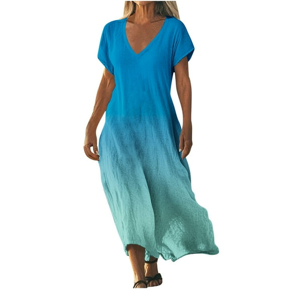 SMihono Flowy Vacation Dress for Women Summer 2025 Trendy Gradient V Neck Casual Short Sleeve A-Line Beach Maxi Dresses Blue XXL