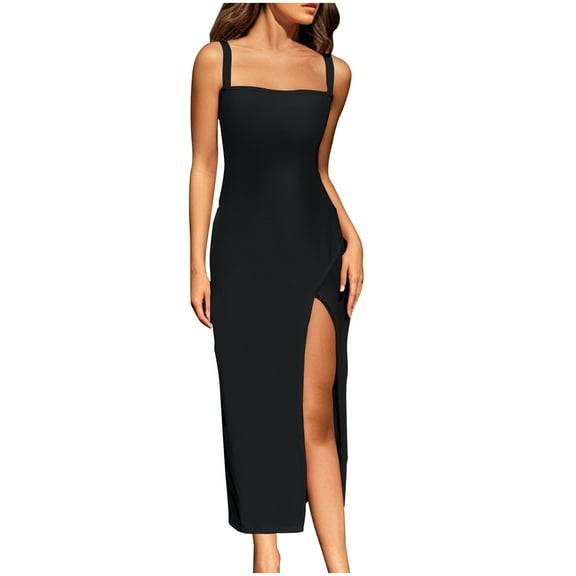 SMihono Formal Dresses for Women Elegant Bodycon Backless Spaghetti Strap Square Neck High Slit Cocktail Maxi Dress Sundress Black XL
