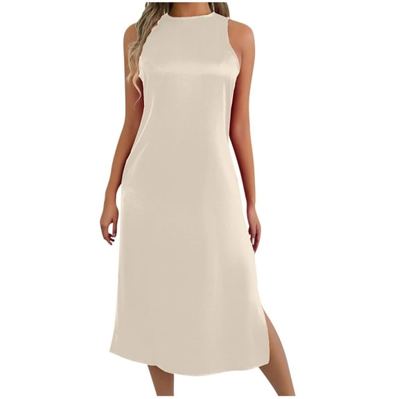 SMihono Formal Satin Dress for Women Minimalist Elegant Crewneck Sleeveless Long Slit Side Cocktail Party Dresses Beige S